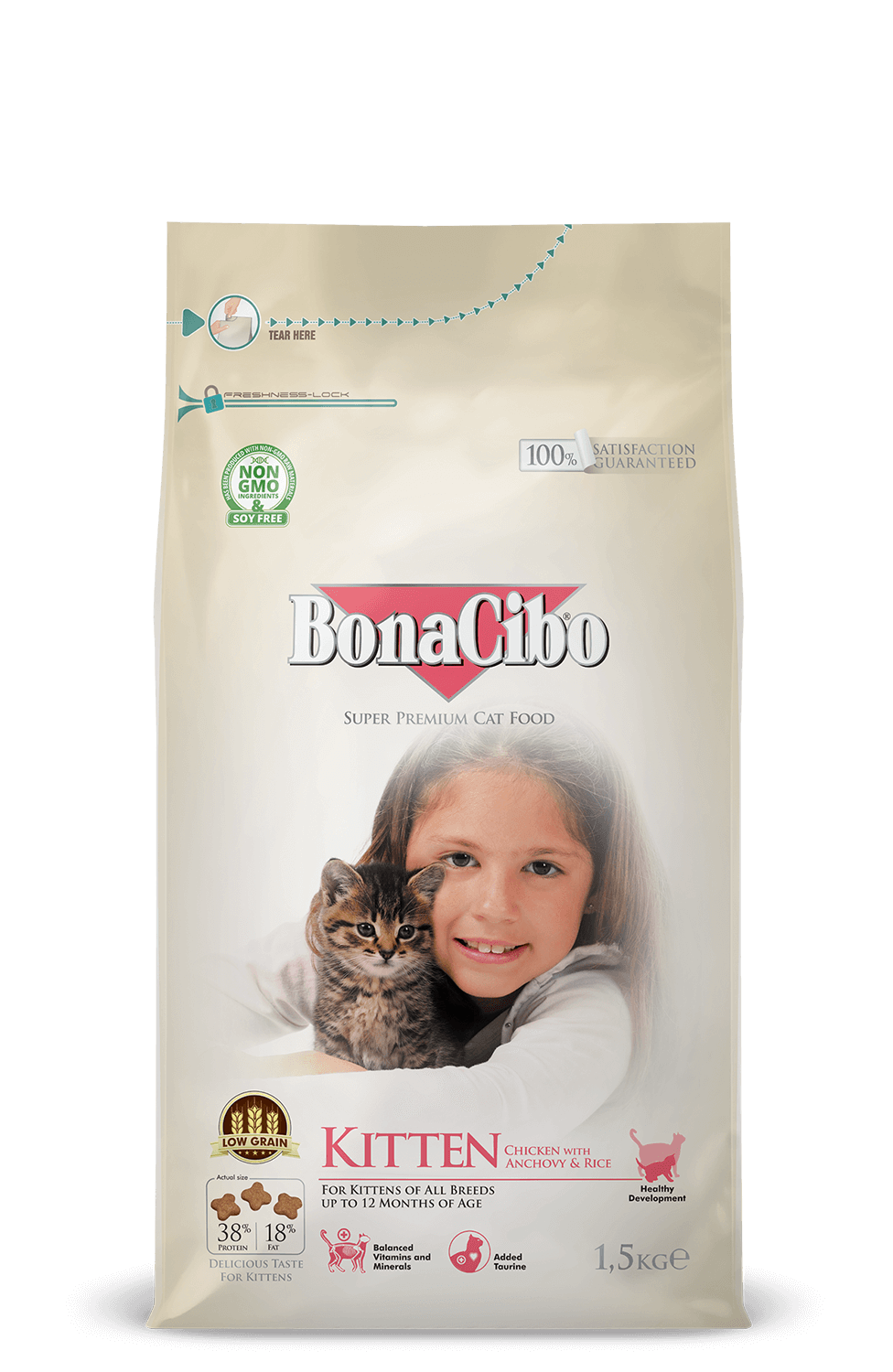 BonaCibo Kitten poulet, anchois & riz – 1,5 kg