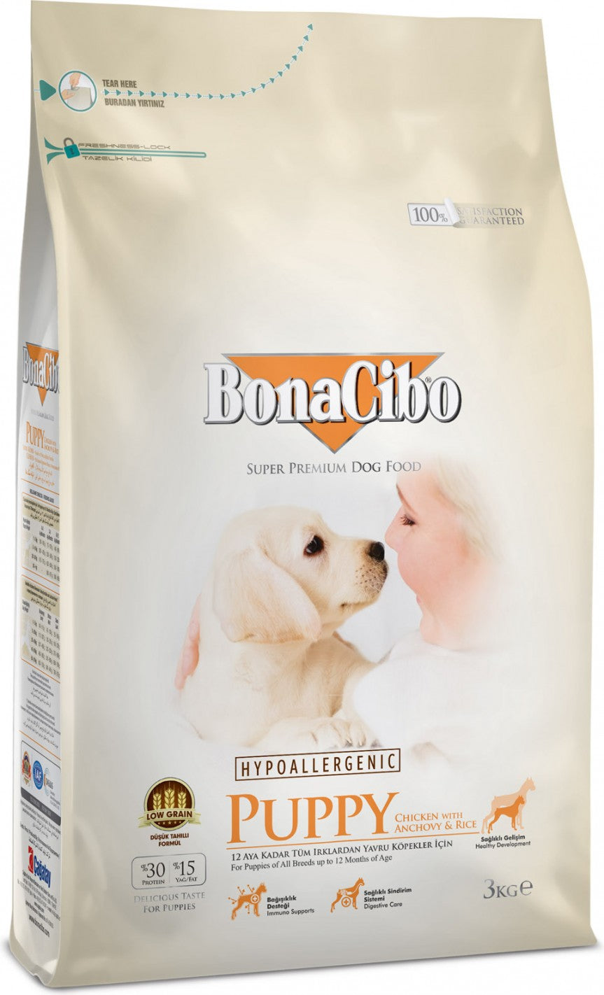 BonaCibo Hypoallergenic Puppy poulet, anchois & riz – 3 kg
